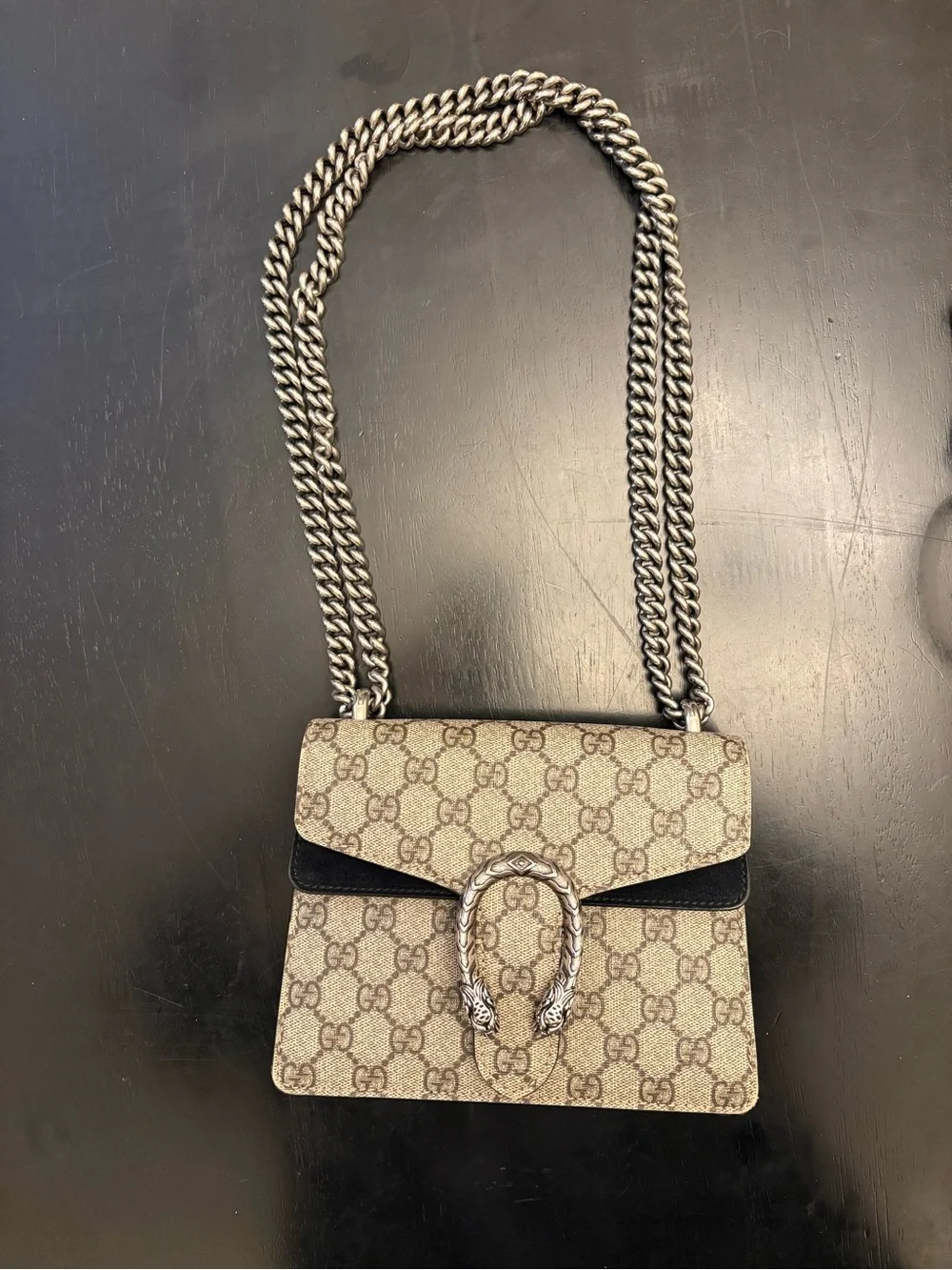 Gucci Dionysus Mini GG Supreme Canvas Shoulder Bag Beige/Ebony Black Suede